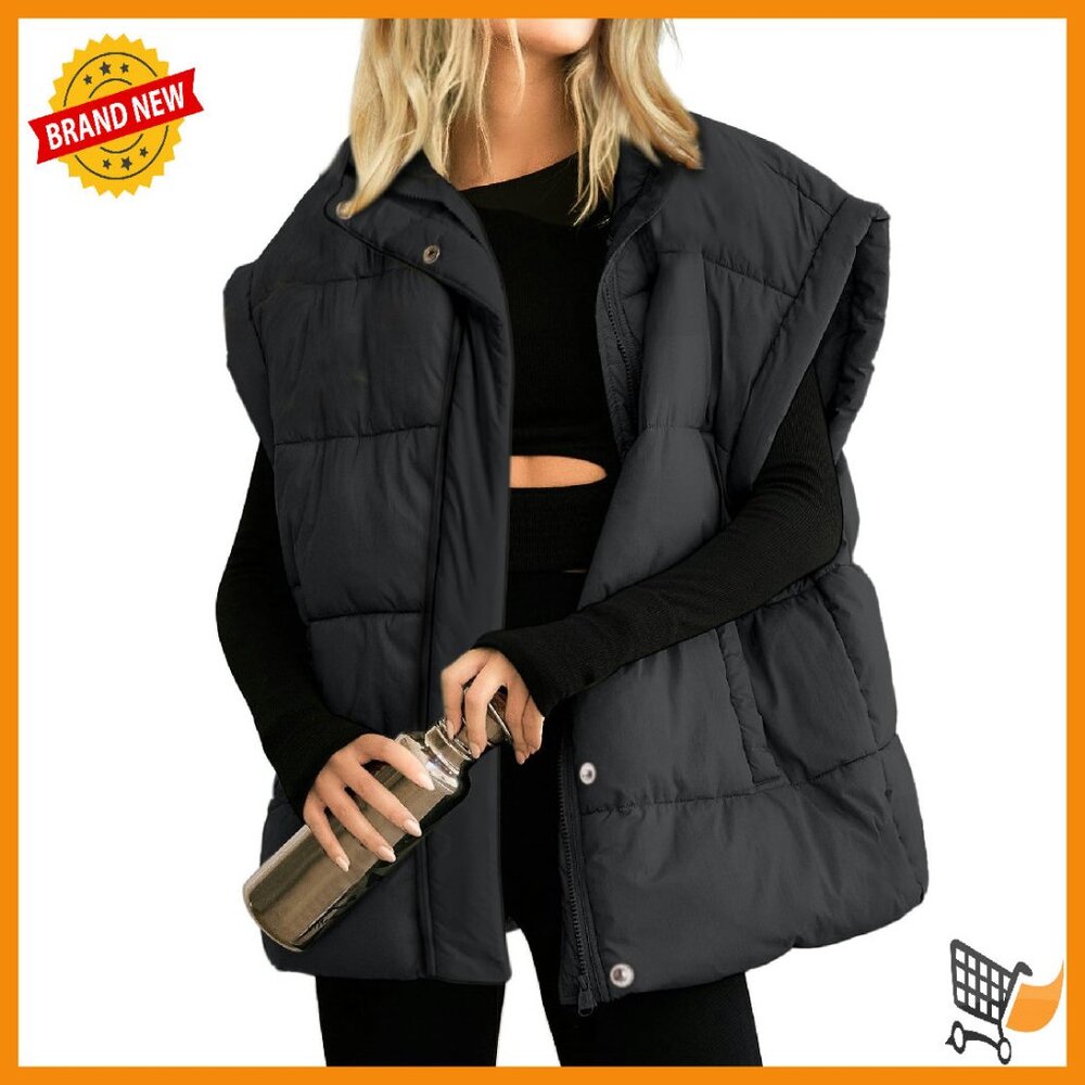 Oversized Puffer Vest Stand Collar Full Zip Sleeveless Quilted